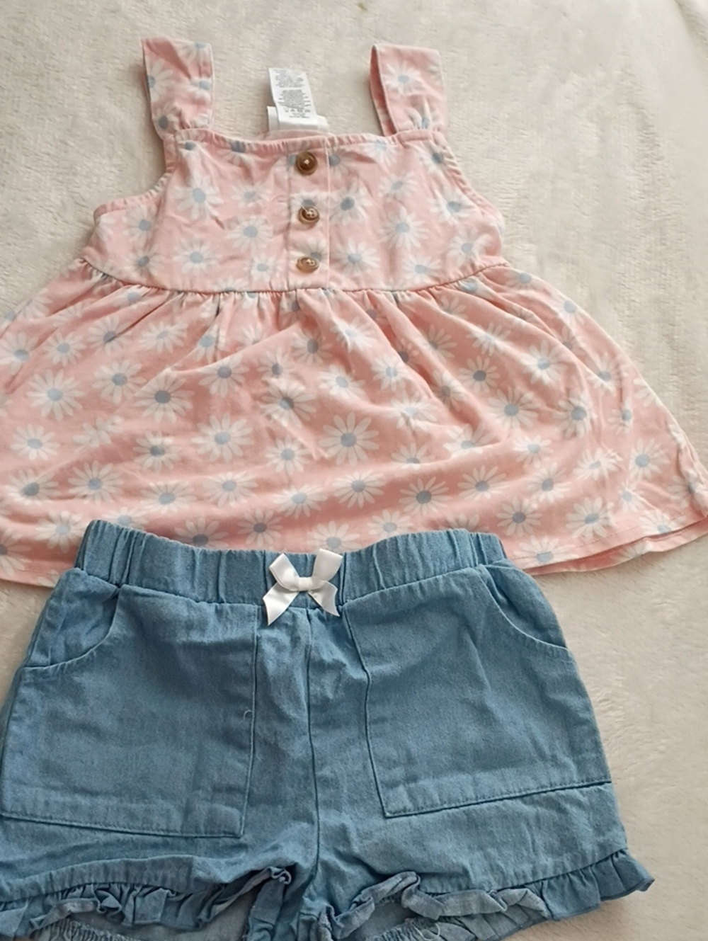 Girls Pink Daisy Tank & Light Blue Shorts Two-Piece Set